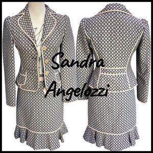 Sandra Angelozzi Navy/Tan Circle Fitted Jacket and Ruffle Hem Skirt Suit (0/2)
